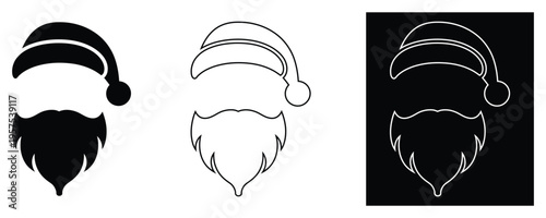 Santa claus hat and beard icon set for christmas holiday season decorations including black silhouette outline and inverted white graphic design elements