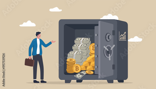 Alternative financial assets, crypto currency bitcoin, cash and gold for investment retirement plan concept, businessman investor standing with security safe with full cash, gold an bitcoin inside