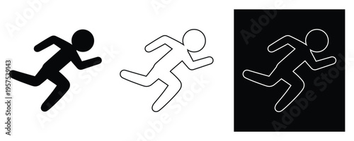 Running man icon set depicting human figure in motion for sport fitness or emergency exit signs in solid black contour and inverted white on black square