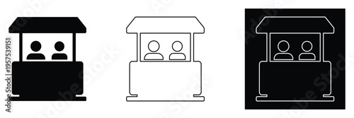 Market stall icon set showing small shop kiosk or information booth with staff silhouettes in black solid outline and white inverted vector graphic formats