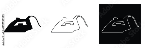 Household electric iron icon set silhouette outline negative space on white black backgrounds.
