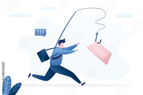 Businessman runs toward gold bar hanging from a fishing hook, financial bait and investment traps. Risks of wealth pursuit. problems in trading on precious metals market