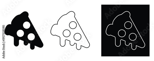 Pizza slice icon collection featuring bold black silhouette clean linear contour and white stroke on dark square for food service menu and application design