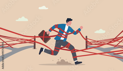 Business difficulty or struggle with career obstacle, limitation a trap challenge overcome success concept, businessman tied up with red tape trying to run away with full effort.