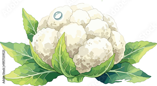 Premium Cauliflower Vegetable Vector Illustration with Vibrant Green Leaves and Realistic Textured Head for Healthy Food Branding Nutrition and Organic Grocery Designs
