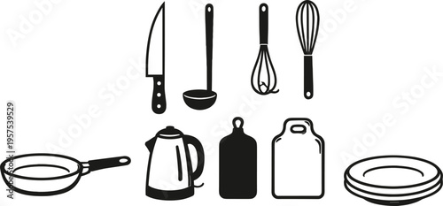 Kitchen Utensils and Cookware Silhouette Set Featuring Knife Ladle Whisk Frying Pan Kettle Cutting Board and Plates Collection