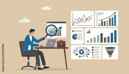 Market research data analysis, business data too financial report, SEO analytics profit earning concept, businessman analyst in to magnifying glass analyze data computer laptop