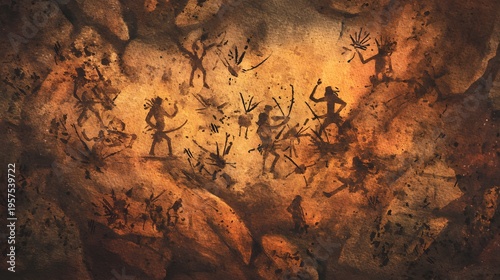 Ancient Rituals Depicted Watercolor Illustration of Early Human Life on Stone Background