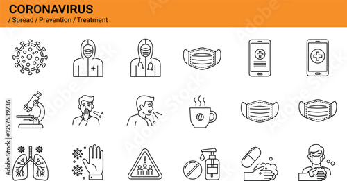 Medical coronavirus prevention and treatment icon set featuring virus spread protection masks healthcare professionals lung health and sanitizing hygiene practices for public safety.