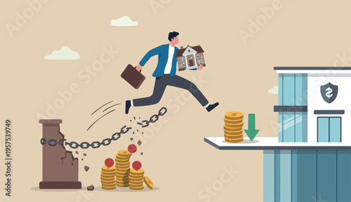 Refinance change mortgage agreement new bank, replace debt to obligation better interest rate, housing loan real estate investment concept, businessman house too jump new bank