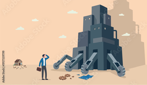 Entrepreneur for on in or to the we can this small business to fight with large company, fear in business competition, threats conflict concept,to struggle businessman look at big company competiton