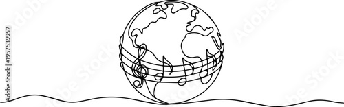 World with Music sign continuous one line drawing, World Music Day in  June 21  simple vector  with treble clef sign and musical notes. One continuous line drawing with text Music Day. vector