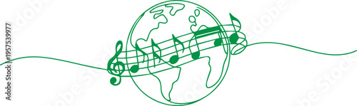 World with Music sign continuous one line drawing, World Music Day in  June 21  simple vector  with treble clef sign and musical notes. One continuous line drawing with text Music Day. vector