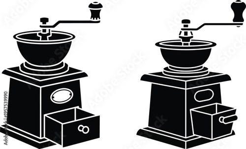 Silhouette vector illustration of vintage coffee grinders in black and white