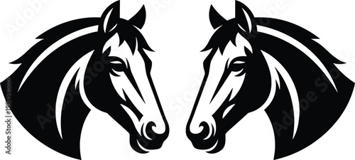 Black silhouette of two horse heads facing each other in mirrored design isolated on white background for equestrian and ranch concept