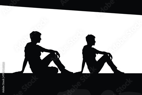 Black Silhouette of Two People Sitting on a Wall, Side View of Friends Relaxing Outdoors, Minimalist Concept of Conversation and Friendship