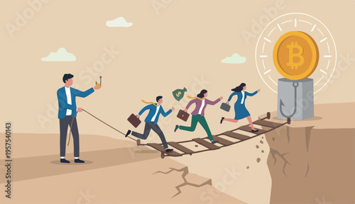 Crypto scams or fraud, liar create ICO initial coin offering too baiting greed investors trader concept, greedy businessman running to grab bating cryptocurrency coin scam