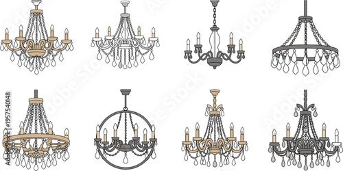 Set of classic luxury candelabra chandelier vectors with ornate crystal beads and elegant hanging light fixtures for sophisticated interior design and grand hall architectural decoration projects