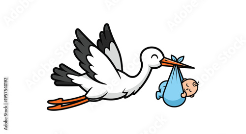 A cheerful stork carries a bundled baby in its beak representing new life and happiness a classic silhouette high quality