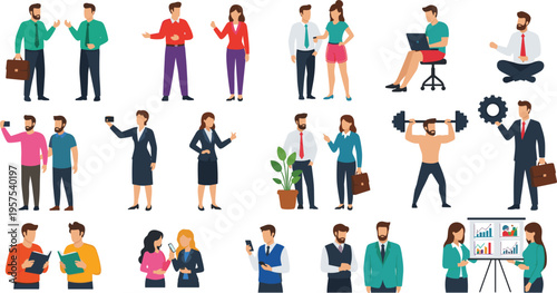 Flat vector business people set featuring professional characters working in office environments collaborating on projects exercising and using digital technology for corporate needs.