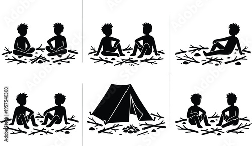 Camping silhouette set with people sitting by campfire and tent icons isolated on white background for outdoor adventure travel design
