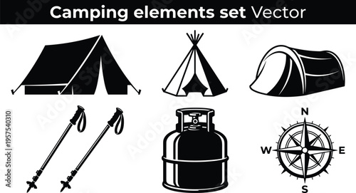 Camping elements set vector, outdoor adventure equipment icons, tent silhouettes, trekking poles, gas cylinder, compass rose for hiking and scouting.