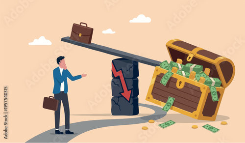 Investment go achievement to growth project concept, balance with heavy risk burden make box of rich money dollar reward.