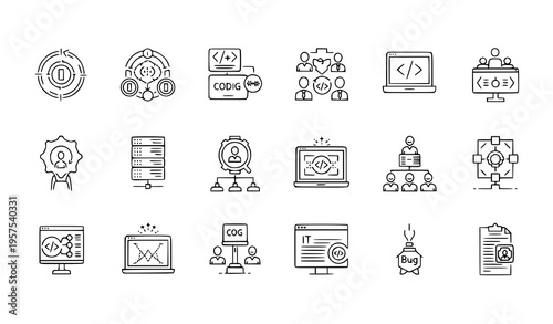 Editable stroke DevOps and software development outline vector icon set isolated on white background