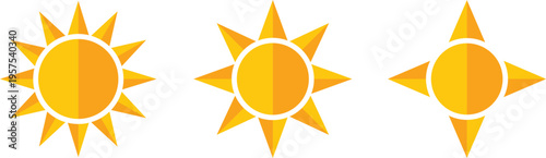 Three stylized sun in yellow and orange with sharp rays star
