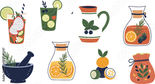 Healthy detox drink and herbal tea vector set featuring fruit infused water glass pitchers mortar and pestle dragon fruit smoothies and aromatic herbs isolated on white background