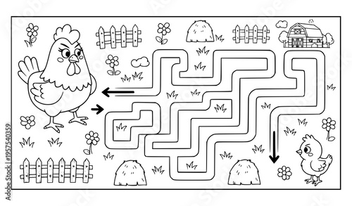 Mother hen maze activity for kids black and white farm mini game vector illustration isolated on white