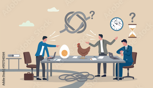 Business argument, conflict or disagreement, wasted meeting its time arguing with no result, controversy question concept, businessman colleagues arguing fight about chicken vs egg who come first.