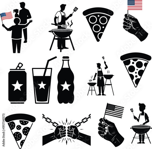 4 of july  Black and white american themed barbecue with people grilling pizza and soda american flag