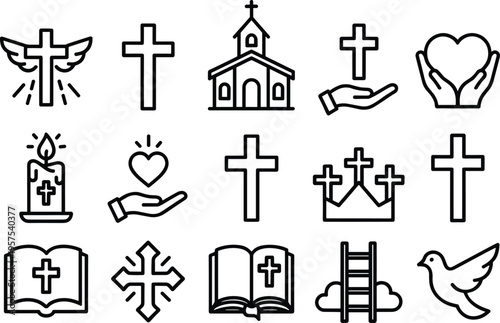 Christian religion icon set featuring cross church bible dove candle heart and prayer symbols in black line art vector style