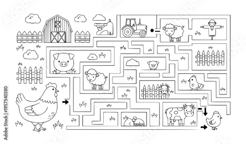 Minimal black and white mother hen maze vector activity for kids farm mini game isolated on white