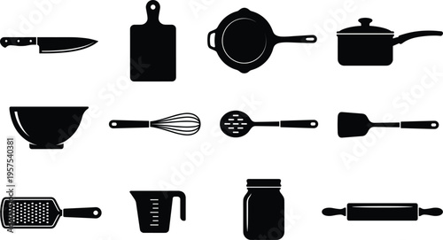 Kitchen Utensils Silhouette Set Featuring Knife Cutting Board Pan Pot Whisk Spatula Grater Measuring Cup and Cooking Tools Collection