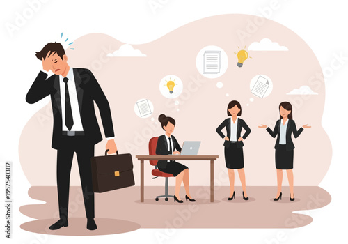 Businessman stressed at office with coworkers and ideas floating