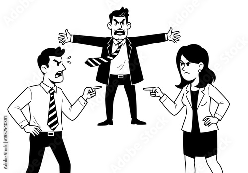 Angry business colleagues arguing and pointing at each other in office