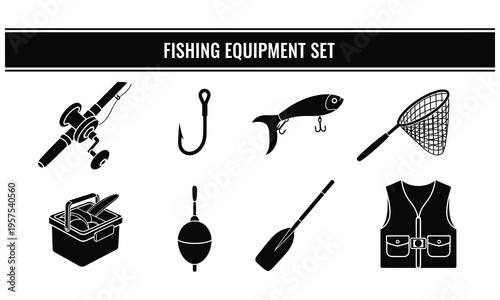 Fishing equipment set includes rods, hooks, lures, nets, and vests for anglers outdoors