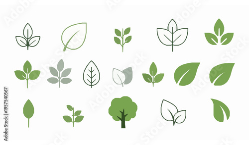 Minimal green leaves icons vector set isolated on white background for plant, vegan and healthy lifestyle
