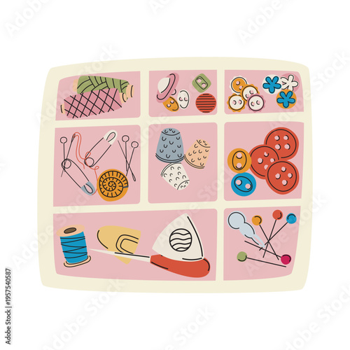 Sewing organizer vector kit. Handy box with thread, buttons, thimbles, and pins for craft organization, home tailoring, and hobby flat marketing design.