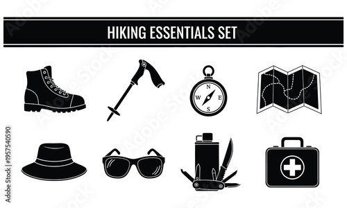 Hikers prepare essentials for mountain adventure with hiking boots and map