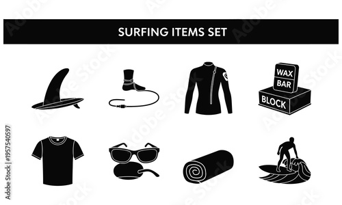 Surfing items set including surfboard leash jacket and accessories on display