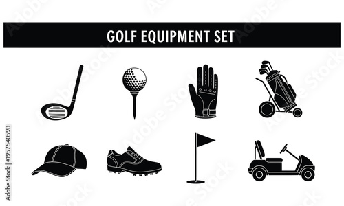Golf equipment set including balls and clubs on a course with cart