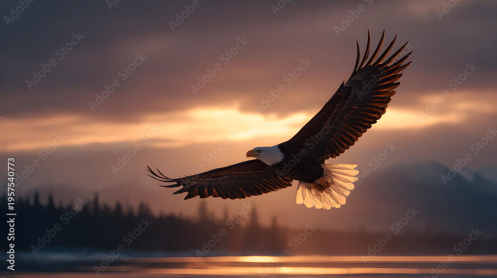 Fototapeta premium Bald eagle soaring over water during dramatic sunset
