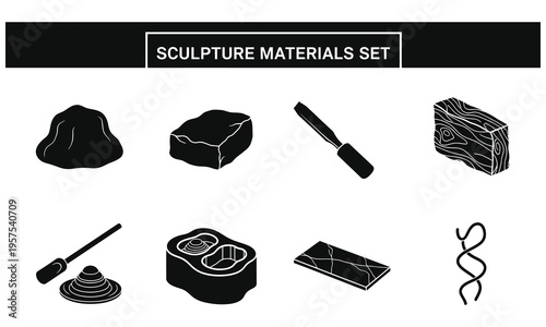 Vector illustration of sculpture materials set including clay block tool and wire