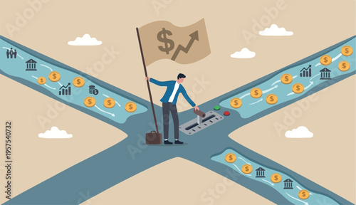 Cash flow, investment fund flow, fund raising, bank loan or financial activity to making money profit concept, Businessman leader or investor holding flag control flow money Dollar coins