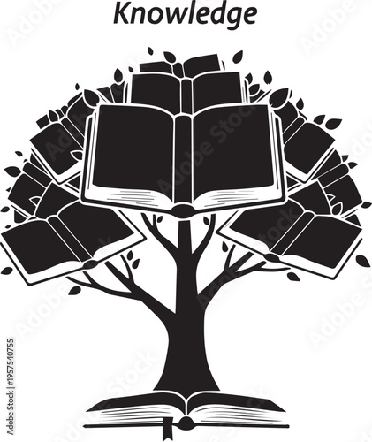 Knowledge tree symbol with open books as leaves vector illustration for library silhouette