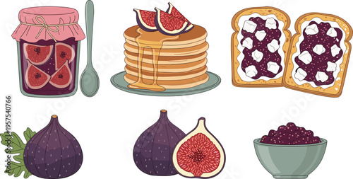 Homemade Fig Jam Vector Illustration Set with Jar Spoon Pancakes Toast Fresh Figs Halved Fig and Bowl for Breakfast Recipes Food Blogs Packaging and Kitchen Decor