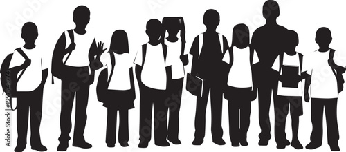 Group of school children with backpacks silhouette vector illustration line art collection